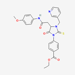 molecular formula C27H26N4O5S B11089651 Ethyl 4-[4-{2-[(4-methoxyphenyl)amino]-2-oxoethyl}-5-oxo-3-(pyridin-3-ylmethyl)-2-thioxoimidazolidin-1-yl]benzoate 