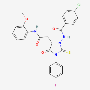 4-chloro-N-[3-(4-fluorophenyl)-5-{2-[(2-methoxyphenyl)amino]-2-oxoethyl}-4-oxo-2-thioxoimidazolidin-1-yl]benzamide