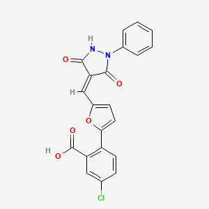 molecular formula C21H13ClN2O5 B11089988 5-chloro-2-{5-[(Z)-(3,5-dioxo-1-phenylpyrazolidin-4-ylidene)methyl]furan-2-yl}benzoic acid 