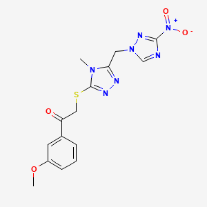 molecular formula C15H15N7O4S B11090013 1-(3-methoxyphenyl)-2-({4-methyl-5-[(3-nitro-1H-1,2,4-triazol-1-yl)methyl]-4H-1,2,4-triazol-3-yl}sulfanyl)ethanone 