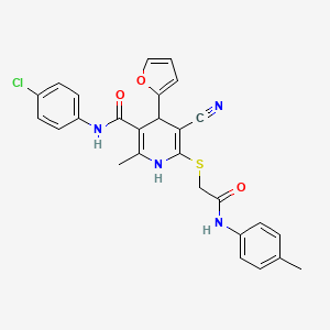 molecular formula C27H23ClN4O3S B11090038 N-(4-chlorophenyl)-5-cyano-4-(furan-2-yl)-2-methyl-6-({2-[(4-methylphenyl)amino]-2-oxoethyl}sulfanyl)-1,4-dihydropyridine-3-carboxamide 