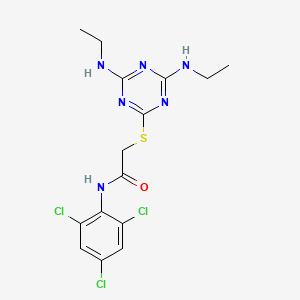 molecular formula C15H17Cl3N6OS B11090141 2-{[4,6-bis(ethylamino)-1,3,5-triazin-2-yl]sulfanyl}-N-(2,4,6-trichlorophenyl)acetamide 