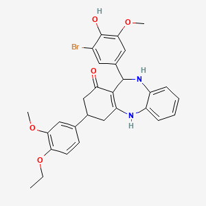 molecular formula C29H29BrN2O5 B11090321 11-(3-bromo-4-hydroxy-5-methoxyphenyl)-3-(4-ethoxy-3-methoxyphenyl)-2,3,4,5,10,11-hexahydro-1H-dibenzo[b,e][1,4]diazepin-1-one 