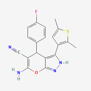 molecular formula C19H15FN4OS B11090393 6-Amino-3-(2,5-dimethylthiophen-3-yl)-4-(4-fluorophenyl)-1,4-dihydropyrano[2,3-c]pyrazole-5-carbonitrile 