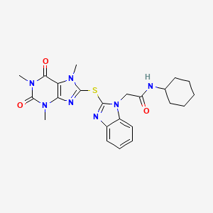 molecular formula C23H27N7O3S B11090530 N-cyclohexyl-2-{2-[(1,3,7-trimethyl-2,6-dioxo-2,3,6,7-tetrahydro-1H-purin-8-yl)sulfanyl]-1H-benzimidazol-1-yl}acetamide 