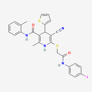 molecular formula C27H23IN4O2S2 B11090553 5-cyano-6-({2-[(4-iodophenyl)amino]-2-oxoethyl}sulfanyl)-2-methyl-N-(2-methylphenyl)-4-(thiophen-2-yl)-1,4-dihydropyridine-3-carboxamide 