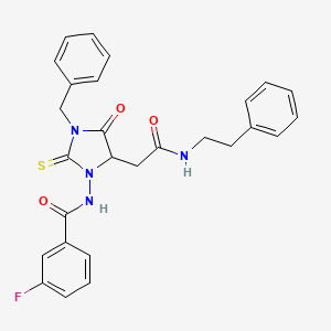 molecular formula C27H25FN4O3S B11090718 N-(3-benzyl-4-oxo-5-{2-oxo-2-[(2-phenylethyl)amino]ethyl}-2-thioxoimidazolidin-1-yl)-3-fluorobenzamide 