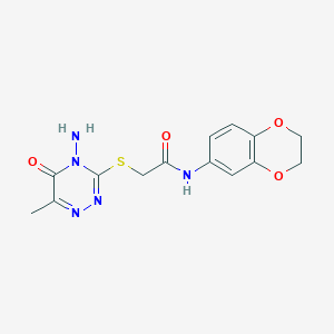 molecular formula C14H15N5O4S B11090736 2-[(4-amino-6-methyl-5-oxo-4,5-dihydro-1,2,4-triazin-3-yl)sulfanyl]-N-(2,3-dihydro-1,4-benzodioxin-6-yl)acetamide 