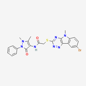 molecular formula C23H20BrN7O2S B11090754 2-[(8-bromo-5-methyl-5H-[1,2,4]triazino[5,6-b]indol-3-yl)sulfanyl]-N-(1,5-dimethyl-3-oxo-2-phenyl-2,3-dihydro-1H-pyrazol-4-yl)acetamide 