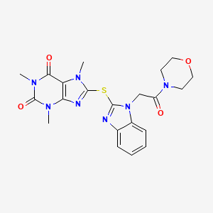 molecular formula C21H23N7O4S B11090760 1,3,7-trimethyl-8-({1-[2-(morpholin-4-yl)-2-oxoethyl]-1H-benzimidazol-2-yl}sulfanyl)-3,7-dihydro-1H-purine-2,6-dione 