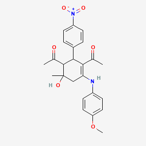 molecular formula C24H26N2O6 B11090884 1-[3-Acetyl-6-hydroxy-4-(4-methoxyanilino)-6-methyl-2-(4-nitrophenyl)-3-cyclohexenyl]-1-ethanone 