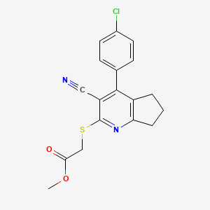 molecular formula C18H15ClN2O2S B11090895 Methyl 2-{[4-(4-chlorophenyl)-3-cyano-6,7-dihydro-5H-cyclopenta[B]pyridin-2-YL]sulfanyl}acetate 