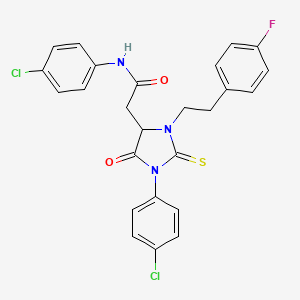 molecular formula C25H20Cl2FN3O2S B11091049 N-(4-chlorophenyl)-2-{1-(4-chlorophenyl)-3-[2-(4-fluorophenyl)ethyl]-5-oxo-2-thioxoimidazolidin-4-yl}acetamide 