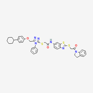 molecular formula C40H38N6O3S3 B11091094 2-({5-[(4-cyclohexylphenoxy)methyl]-4-phenyl-4H-1,2,4-triazol-3-yl}sulfanyl)-N-(2-{[2-(2,3-dihydro-1H-indol-1-yl)-2-oxoethyl]sulfanyl}-1,3-benzothiazol-6-yl)acetamide 