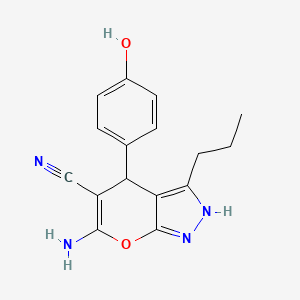 molecular formula C16H16N4O2 B11091249 6-Amino-4-(4-hydroxyphenyl)-3-propyl-1,4-dihydropyrano[2,3-c]pyrazole-5-carbonitrile 