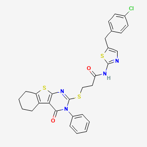 molecular formula C29H25ClN4O2S3 B11091258 N-[5-(4-chlorobenzyl)-1,3-thiazol-2-yl]-3-[(4-oxo-3-phenyl-3,4,5,6,7,8-hexahydro[1]benzothieno[2,3-d]pyrimidin-2-yl)sulfanyl]propanamide 