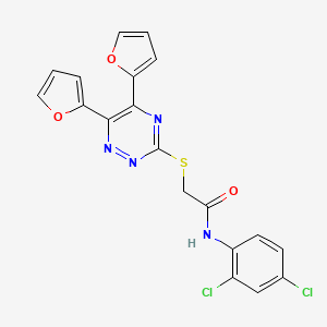 molecular formula C19H12Cl2N4O3S B11091599 2-{[5,6-Bis(furan-2-YL)-1,2,4-triazin-3-YL]sulfanyl}-N-(2,4-dichlorophenyl)acetamide 