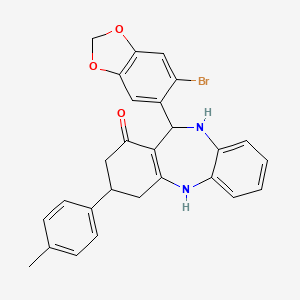 molecular formula C27H23BrN2O3 B11091701 11-(6-bromo-1,3-benzodioxol-5-yl)-3-(4-methylphenyl)-2,3,4,5,10,11-hexahydro-1H-dibenzo[b,e][1,4]diazepin-1-one 