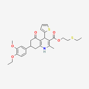 molecular formula C28H33NO5S2 B11091855 2-(Ethylsulfanyl)ethyl 7-(4-ethoxy-3-methoxyphenyl)-2-methyl-5-oxo-4-(thiophen-2-yl)-1,4,5,6,7,8-hexahydroquinoline-3-carboxylate 