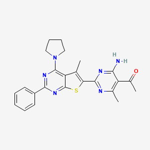 molecular formula C24H24N6OS B11091938 1-{4-Amino-6-methyl-2-[5-methyl-2-phenyl-4-(pyrrolidin-1-yl)thieno[2,3-d]pyrimidin-6-yl]pyrimidin-5-yl}ethanone 