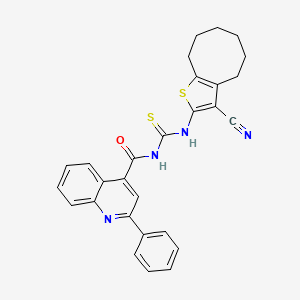 molecular formula C28H24N4OS2 B11092136 N-[(3-cyano-4,5,6,7,8,9-hexahydrocycloocta[b]thiophen-2-yl)carbamothioyl]-2-phenylquinoline-4-carboxamide 