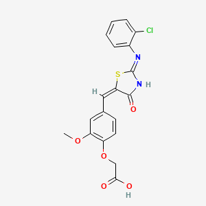 molecular formula C19H15ClN2O5S B11092265 {4-[(E)-{(2E)-2-[(2-chlorophenyl)imino]-4-oxo-1,3-thiazolidin-5-ylidene}methyl]-2-methoxyphenoxy}acetic acid 