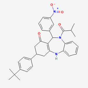 molecular formula C33H35N3O4 B11092412 1-[3-(4-tert-butylphenyl)-1-hydroxy-11-(3-nitrophenyl)-2,3,4,11-tetrahydro-10H-dibenzo[b,e][1,4]diazepin-10-yl]-2-methylpropan-1-one 