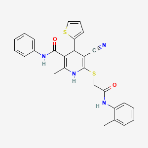 molecular formula C27H24N4O2S2 B11092639 5-cyano-2-methyl-6-({2-[(2-methylphenyl)amino]-2-oxoethyl}sulfanyl)-N-phenyl-4-(thiophen-2-yl)-1,4-dihydropyridine-3-carboxamide 