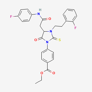 molecular formula C28H25F2N3O4S B11092666 Ethyl 4-(4-{2-[(4-fluorophenyl)amino]-2-oxoethyl}-3-[2-(2-fluorophenyl)ethyl]-5-oxo-2-thioxoimidazolidin-1-yl)benzoate 