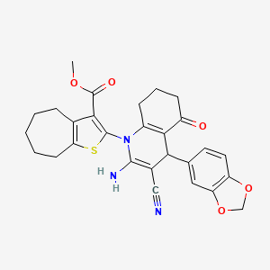 molecular formula C28H27N3O5S B11092759 methyl 2-[2-amino-4-(1,3-benzodioxol-5-yl)-3-cyano-5-oxo-5,6,7,8-tetrahydroquinolin-1(4H)-yl]-5,6,7,8-tetrahydro-4H-cyclohepta[b]thiophene-3-carboxylate 