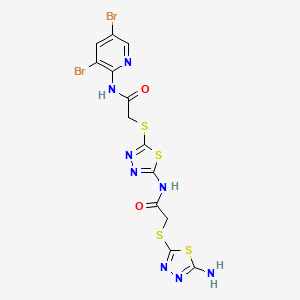 molecular formula C13H10Br2N8O2S4 B11093192 2-[(5-amino-1,3,4-thiadiazol-2-yl)sulfanyl]-N-[5-({2-[(3,5-dibromopyridin-2-yl)amino]-2-oxoethyl}sulfanyl)-1,3,4-thiadiazol-2-yl]acetamide 