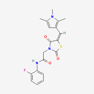 molecular formula C19H18FN3O3S B11093381 2-{(5E)-2,4-dioxo-5-[(1,2,5-trimethyl-1H-pyrrol-3-yl)methylidene]-1,3-thiazolidin-3-yl}-N-(2-fluorophenyl)acetamide 