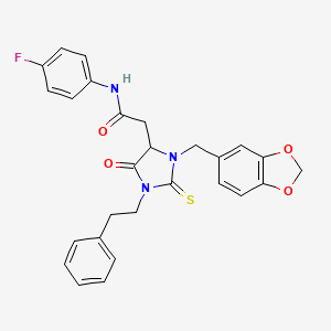 2-[3-(1,3-benzodioxol-5-ylmethyl)-5-oxo-1-(2-phenylethyl)-2-thioxoimidazolidin-4-yl]-N-(4-fluorophenyl)acetamide