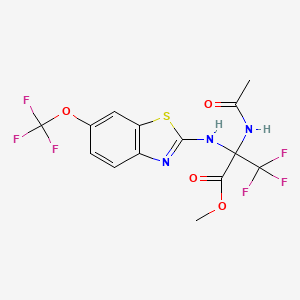 molecular formula C14H11F6N3O4S B11093494 Propionic acid, 2-acetylamino-3,3,3-trifluoro-2-(6-trifluoromethoxybenzothiazol-2-ylamino)-, methyl ester 