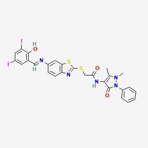 N-(1,5-dimethyl-3-oxo-2-phenyl-2,3-dihydro-1H-pyrazol-4-yl)-2-[(6-{[(E)-(2-hydroxy-3,5-diiodophenyl)methylidene]amino}-1,3-benzothiazol-2-yl)sulfanyl]acetamide