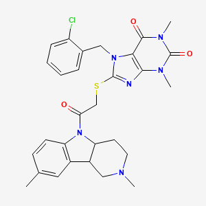 molecular formula C29H31ClN6O3S B11093758 7-(2-chlorobenzyl)-8-{[2-(2,8-dimethyl-1,2,3,4,4a,9b-hexahydro-5H-pyrido[4,3-b]indol-5-yl)-2-oxoethyl]sulfanyl}-1,3-dimethyl-3,7-dihydro-1H-purine-2,6-dione 