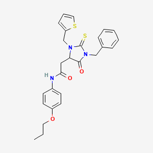 molecular formula C26H27N3O3S2 B11093826 2-(1-Benzyl-5-oxo-3-thiophen-2-ylmethyl-2-thioxo-imidazolidin-4-yl)-N-(4-propoxy-phenyl)-acetamide 