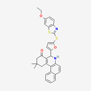 molecular formula C32H28N2O3S2 B11093878 5-{5-[(6-ethoxy-1,3-benzothiazol-2-yl)sulfanyl]furan-2-yl}-2,2-dimethyl-2,3,5,6-tetrahydrobenzo[a]phenanthridin-4(1H)-one 