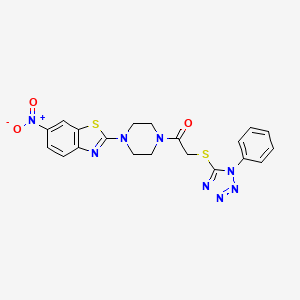 molecular formula C20H18N8O3S2 B11094100 1-[4-(6-nitro-1,3-benzothiazol-2-yl)piperazin-1-yl]-2-[(1-phenyl-1H-tetrazol-5-yl)sulfanyl]ethanone 