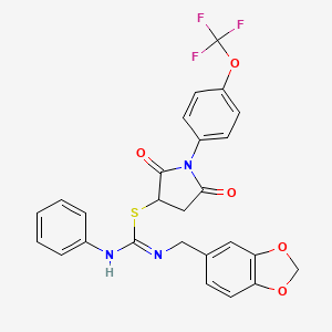 molecular formula C26H20F3N3O5S B11094198 2,5-dioxo-1-[4-(trifluoromethoxy)phenyl]pyrrolidin-3-yl N-(1,3-benzodioxol-5-ylmethyl)-N'-phenylcarbamimidothioate 