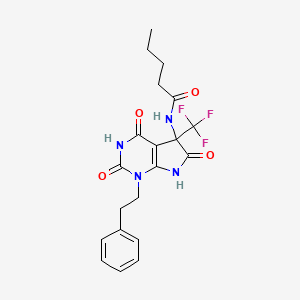 molecular formula C20H21F3N4O4 B11094286 N-[4-hydroxy-2,6-dioxo-1-(2-phenylethyl)-5-(trifluoromethyl)-2,5,6,7-tetrahydro-1H-pyrrolo[2,3-d]pyrimidin-5-yl]pentanamide 