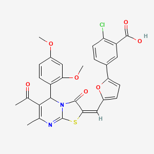 5-(5-{(E)-[6-acetyl-5-(2,4-dimethoxyphenyl)-7-methyl-3-oxo-5H-[1,3]thiazolo[3,2-a]pyrimidin-2(3H)-ylidene]methyl}furan-2-yl)-2-chlorobenzoic acid