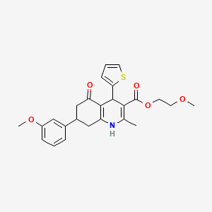 molecular formula C25H27NO5S B11094393 2-Methoxyethyl 7-(3-methoxyphenyl)-2-methyl-5-oxo-4-(thiophen-2-yl)-1,4,5,6,7,8-hexahydroquinoline-3-carboxylate 