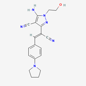 molecular formula C19H20N6O B11094633 5-amino-3-{(Z)-1-cyano-2-[4-(pyrrolidin-1-yl)phenyl]ethenyl}-1-(2-hydroxyethyl)-1H-pyrazole-4-carbonitrile 