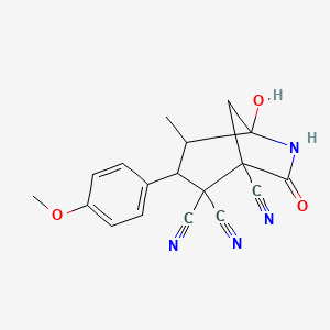 molecular formula C18H16N4O3 B11094905 5-Hydroxy-3-(4-methoxyphenyl)-4-methyl-7-oxo-6-azabicyclo[3.2.1]octane-1,2,2-tricarbonitrile 