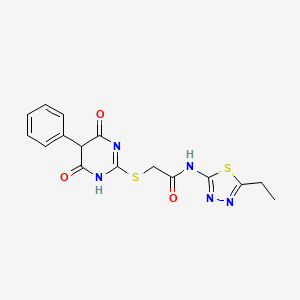 molecular formula C16H15N5O3S2 B11095362 2-[(4,6-dioxo-5-phenyl-1,4,5,6-tetrahydropyrimidin-2-yl)sulfanyl]-N-(5-ethyl-1,3,4-thiadiazol-2-yl)acetamide 