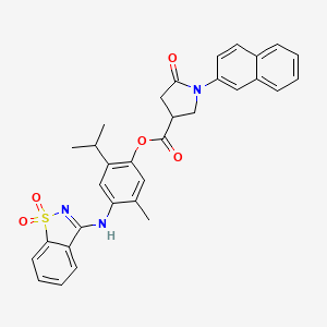 molecular formula C32H29N3O5S B11095559 4-[(1,1-Dioxido-1,2-benzothiazol-3-yl)amino]-5-methyl-2-(propan-2-yl)phenyl 1-(naphthalen-2-yl)-5-oxopyrrolidine-3-carboxylate 