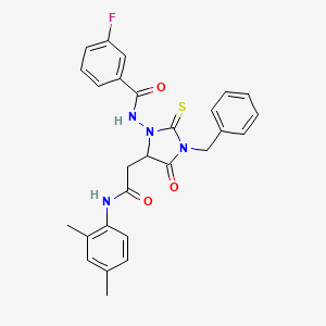 molecular formula C27H25FN4O3S B11095722 N-{3-Benzyl-5-[(2,4-dimethyl-phenylcarbamoyl)-methyl]-4-oxo-2-thioxo-imidazolidin-1-yl}-3-fluoro-benzamide 