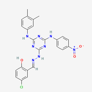 molecular formula C24H21ClN8O3 B11095936 4-chloro-2-[(E)-(2-{4-[(3,4-dimethylphenyl)amino]-6-[(4-nitrophenyl)amino]-1,3,5-triazin-2-yl}hydrazinylidene)methyl]phenol 