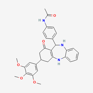 molecular formula C30H31N3O5 B11096042 N-{4-[1-oxo-3-(3,4,5-trimethoxyphenyl)-2,3,4,5,10,11-hexahydro-1H-dibenzo[b,e][1,4]diazepin-11-yl]phenyl}acetamide 